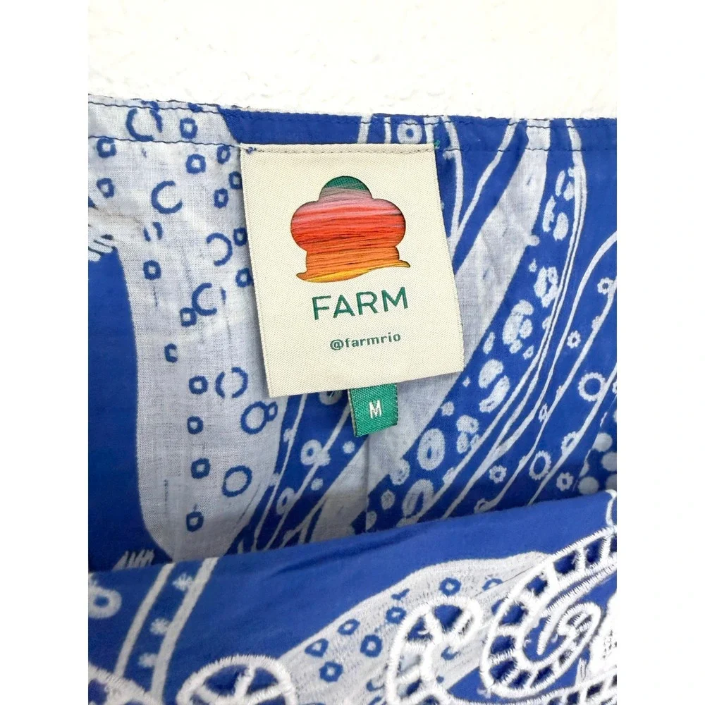 FARM RIO Blue White Tropical Sweet Rio Lace Crop Top Smocked Blouse / Size M